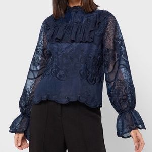 YAS lace blouse with ruffle detail in navy